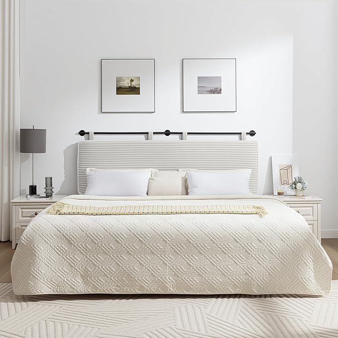UEV King Headboard Only, Wall Mounted Hanging Upholstered Bed Head Board, Modern Vertical Channel Design of Fine Flannel, Elegant Beige Fluted Headboard for Bedroom (Beige, King Size)