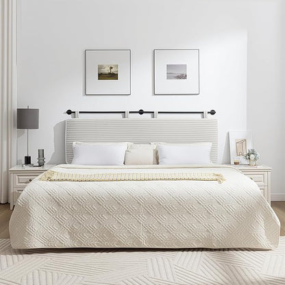 UEV King Headboard Only, Wall Mounted Hanging Upholstered Bed Head Board, Modern Vertical Channel Design of Fine Flannel, Elegant Beige Fluted Headboard for Bedroom (Beige, King Size)