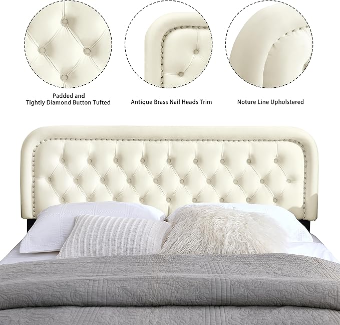 Tufted Upholstered Headboard,Button Solid Wood HeadBoards with Adjustable Height,Modern Performance Velvet Bed Head Boards,Easy Install&Nailhead (Beige, Queen)