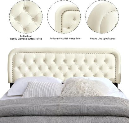 Tufted Upholstered Headboard,Button Solid Wood HeadBoards with Adjustable Height,Modern Performance Velvet Bed Head Boards,Easy Install&Nailhead (Beige, King)