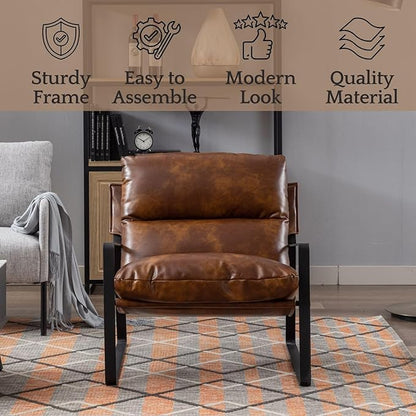 LukeAlon Modern PU Leather Accent Armchair, Upholstered Soft Living Room Chair with Black Metal Frame Thickened Cushion Single Sofa Chair Comfy Lounge Chair for Bedroom Living Room, Brown