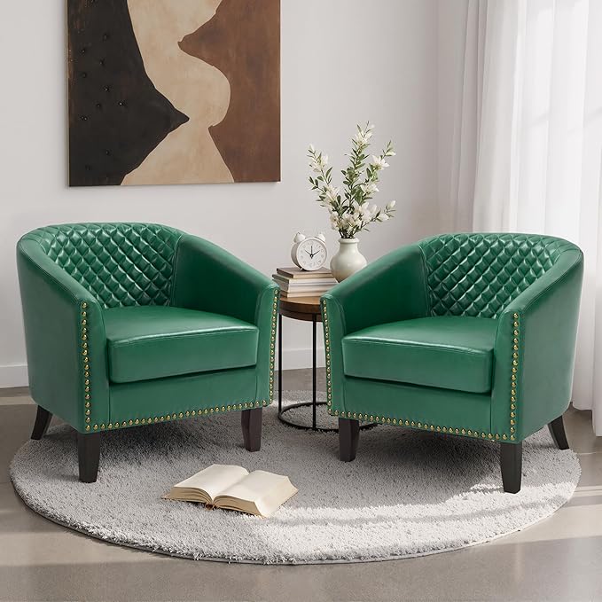 Pia Ricco Faux Leather Barrel Chairs Set of 2, Modern Comfy Accent Chairs, Upholstered Armchair Club Chairs with Nailhead Trim, Single Sofa Barrel Chair for Living Room Reading Room, Green