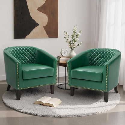 Pia Ricco Faux Leather Barrel Accent Chairs Set of 4, Modern Club Arm Chair Comfy Upholstered Single Sofa Chair with Solid Wood Legs and Nailhead Trim for Living Room/Reading Room, Green