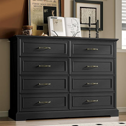Farmhouse 8 Drawers Dresser for Bedroom, 48" Wide Modern Chest of Drawers with Deep Drawers & Bar Handles, Wood Dresser TV Stand, Wooden Rustic Closet Storage Organizer for Living Room, Hallway, Black
