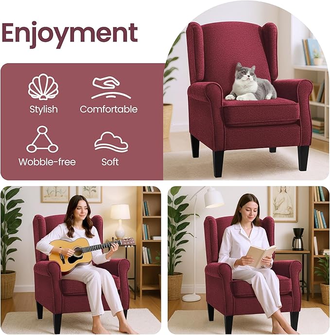 Dark Red Accent Chairs, Bedroom Burgundy Reading Chairs in Fabric, Elegant English Sidechair with Wing Back, Classic Modern Living Room Armchairs Sillas para Sala