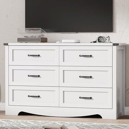 Dresser for Bedroom with 6 Drawers, 54" Wide Wood Chest of Drawers with Deep Drawers & Mental Handle, Modern Dresser TV Stand, Wooden Closet Storage Organizer for Living Room, Hallway, Entryway, White