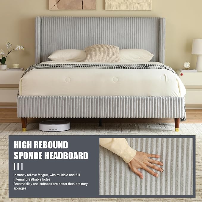 PINJU Queen Size Bed Frame, Upholstered Platform Bed with Modern Vertical Striped Wingback Headboard with Wooden Slats, Easy to Assemble No Noise Free (Grey, Queen (U.S. Standard))