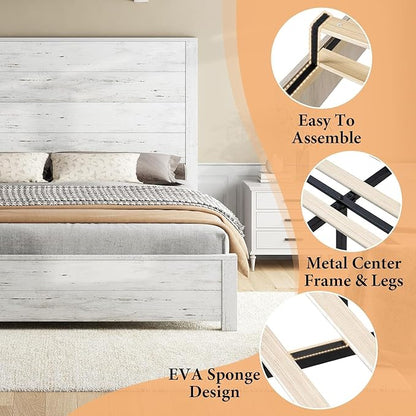 AMERLIFE Full Size 51.2" Wood Bed Frame, Rustic Platform Bed with Spliced Headboard, Wood Slats Support/No Box Spring Needed/Noiseless/Antique White