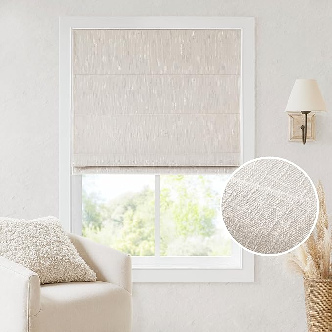 Madison Park Cordless Roman Shades, Total Blackout Window Blind Privacy Window Shades, Thermal Insulated Cordless Window Treatment for Bedroom, Living Room, Quincy, Single Panel 34" W X 64" L Linen