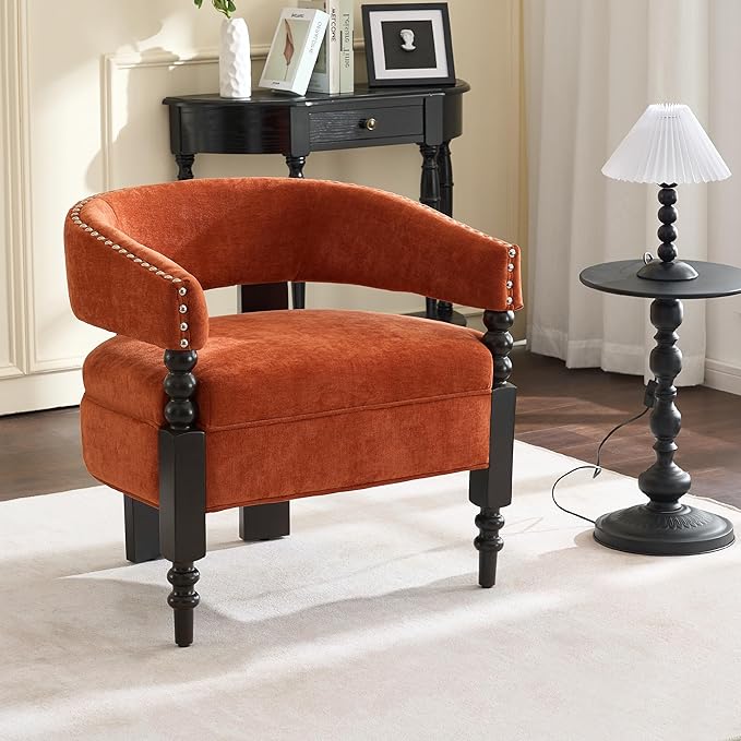 LOULENS Barrel Accent Chairs Set of 2, Vintage Chenille Upholstered Lounge Chair with Solid Wood Legs, Comfy Leisure Side Armchair for Living Room, Bedroom, Reading Nook, Corner, Orange