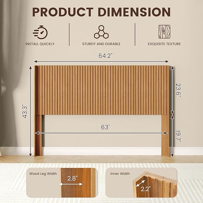 COCO DESIGN Queen Size Headboard Only, 64.3" Wide Wooden Headboard, Mid Century Modern Farmhouse Boho HeadBoard, Fluted Panel, Wingback Design, Wall Mount, Natural