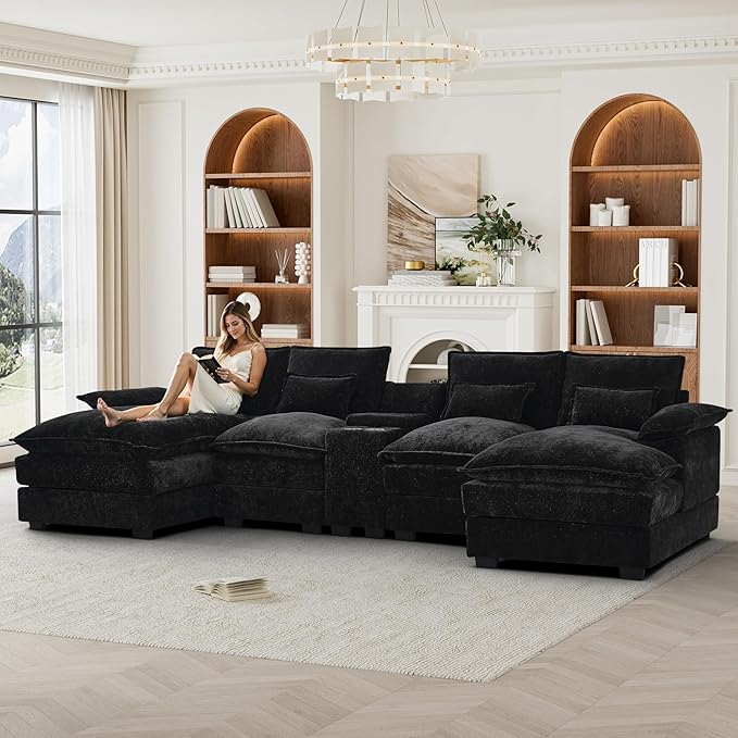 HYJT-H&K 124" U Shaped Cloud Couch Sectional, Comfy Fluffy Chenille Black Sectional Couches for Living Room, Modern Modular Sectionals Sofa with Central Console Double Chaise Lounge Black