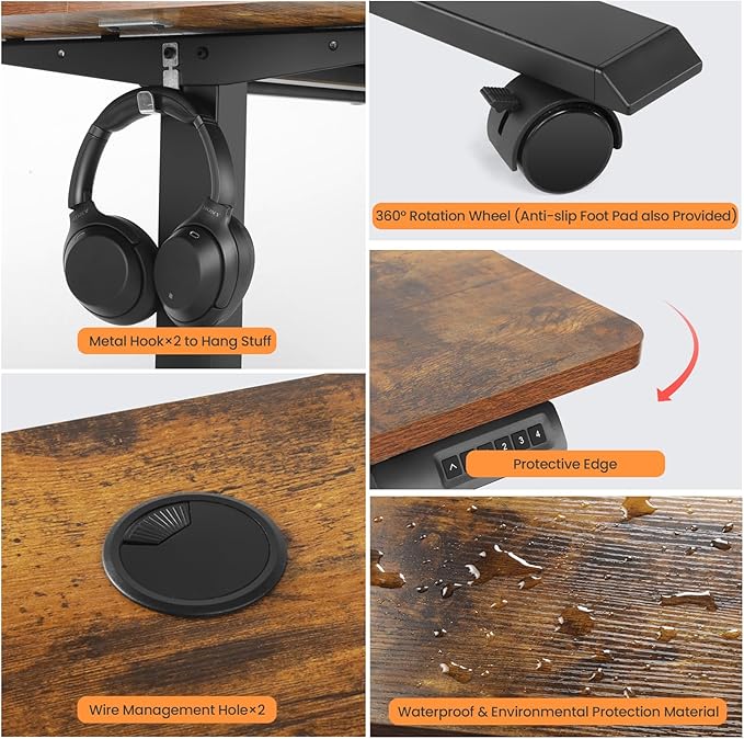 Electric Adjustable Standing Desk with Wheels, 63'' x 24''Sit Stand Desk with Dual Crossbeam and Mouse Pad, 27''-46'' Lifting Range Stand up Table with Ergonomic Arc Desktop (Brown)