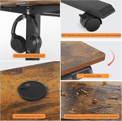 Electric Adjustable Standing Desk with Wheels, 63'' x 24''Sit Stand Desk with Dual Crossbeam and Mouse Pad, 27''-46'' Lifting Range Stand up Table with Ergonomic Arc Desktop (Brown)