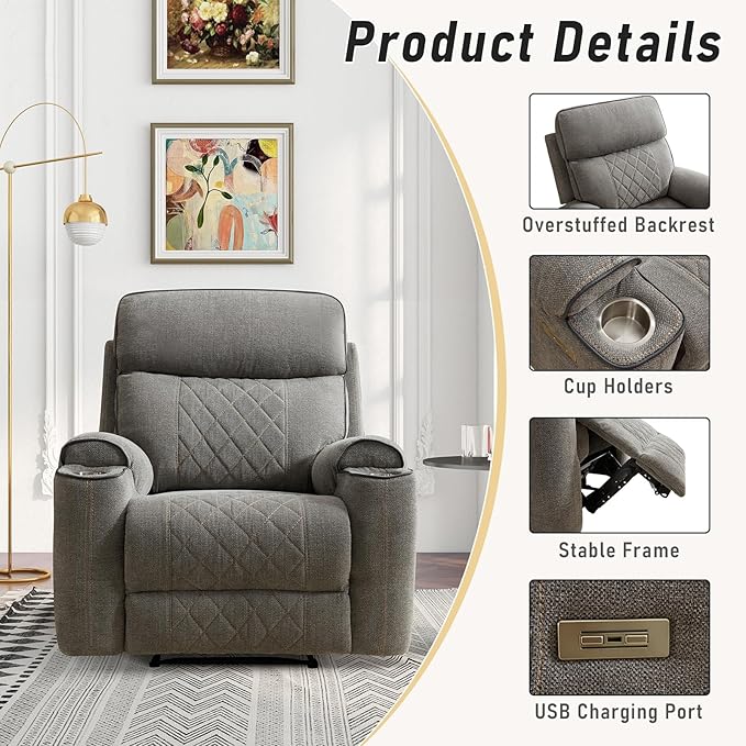 Electric Recliner Chair, Soft Fabric Power Recliners with Metal Cup Holders, Single Overstuffed Heavy Duty Reclining Sofa Chairs for Living Room Bedroom, Light Grey