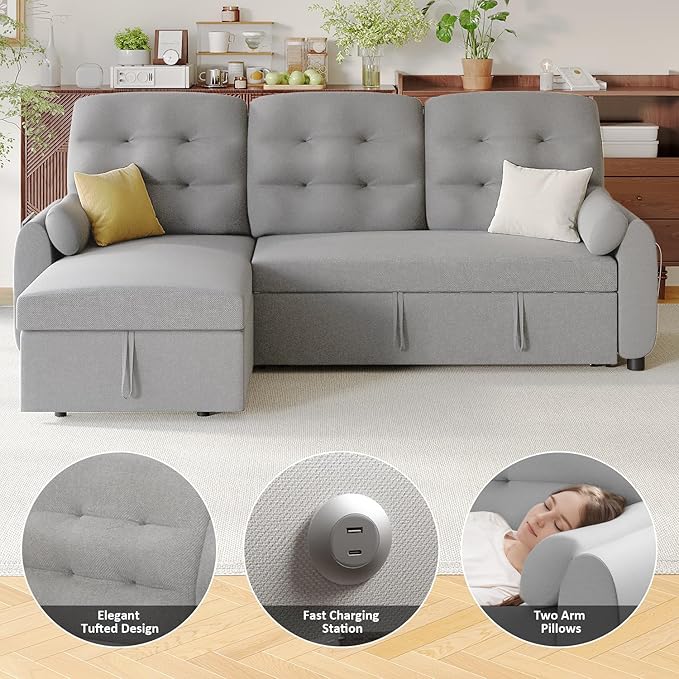 Ucloveria Sleeper Sofa Bed, 86" Convertible Sectional Sofa Couches for Living Room, Pull Out Couch Bed with Reversible Storage Chaise | USB Ports | Side Pockets | Removable Backrest