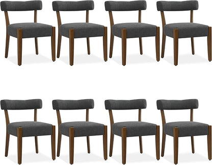 Modern Dining Chairs Set of 8, Walnut Upholstered Kitchen & Dining Room Chairs, Mid Century Wooden Dining Chairs Oversized Sturdy Fabric Rounded Chairs Curved Back, Dark Grey