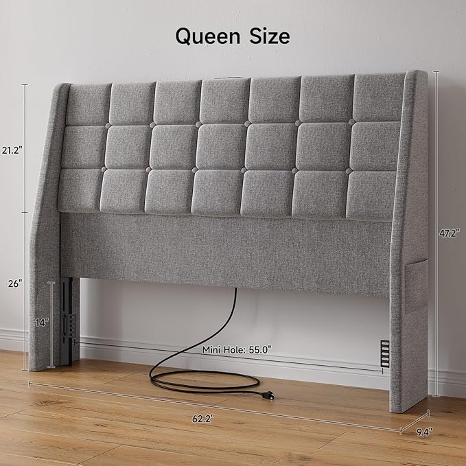 Ergonomic Upholstered Headboard Queen Size w/Charging Station, Linen Wingback Headboards w/Storage Pocket, Queen Headboard Only, Bed Frame Adapters, Sturdy Stable Solid Wood Bed Head Board, Light Grey