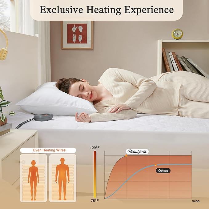 Beautyrest Cotton Heated Mattress Pad - Bed Warmer with 20 Heat Settings Controller, Auto Shut Off Timer, All Around Elastic Deep Pocket, UL Certified, Machine Washable, White Twin