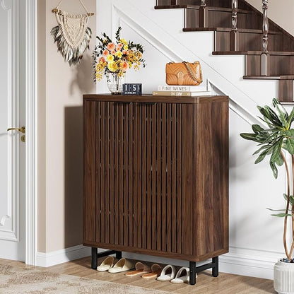 Tribesigns 6-Tier Shoe Cabinet with Shutter Doors, Large Wooden Shoe Organizer Rack with Adjustable Shelves, Modern Farmhouse Hidden Storage Furniture for Entryway, Hallway (Dark Walnut)