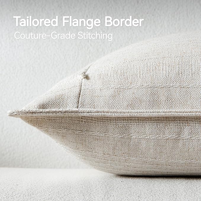 a moment Linen Pillow Covers Set of 2,Boho Farmhouse Throw Pillowcases Neutral Textured Decorative Covers for Couch Sofa Bed, Soft Linen Blend Accent Case Cushion Christmas Home Decor 18"x18"Ivory