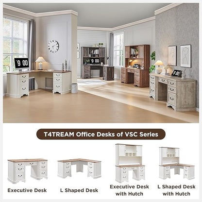 T4TREAM 59" L Shaped Desk with Hutch,Victorian Wood Computer Desk, Featuring Charging Station,File Drawer, Storage Cabinet,for Home Office Work and Study (Antique White)
