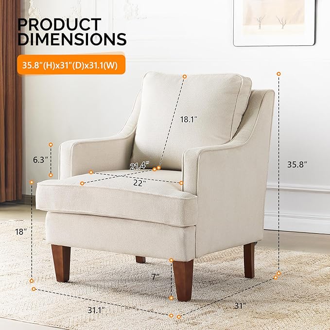 VINGLI Mid-Century Modern Accent Chairs Set of 2, Beige Upholstered Armchair Comfy Sofa Chairs Reading Chair High Back for Living Room Bedroom Furniture Apartment
