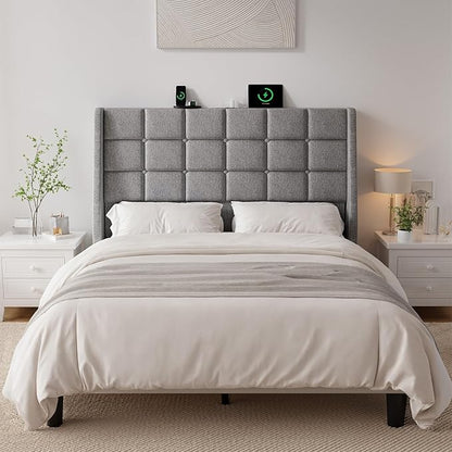 ONBRILL Ergonomic Upholstered Full Size Headboard w/Charging Station, Linen Wingback Headboards w/Storage Pocket, Full Headboard Only, Bed Frame Adapters, Sturdy Solid Wood Bed Head Board, Light Grey