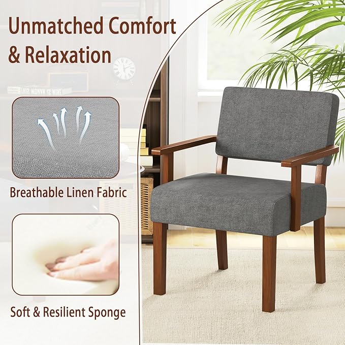 KOMFOTT Upholstered Accent Chairs Set of 2, Mid-Century Modern Armchair with Rubber Wood Frame, Linen Living Room Chairs with Padded Seat & Backrest, Reading Chair for Bedroom, Waiting Room, Grey