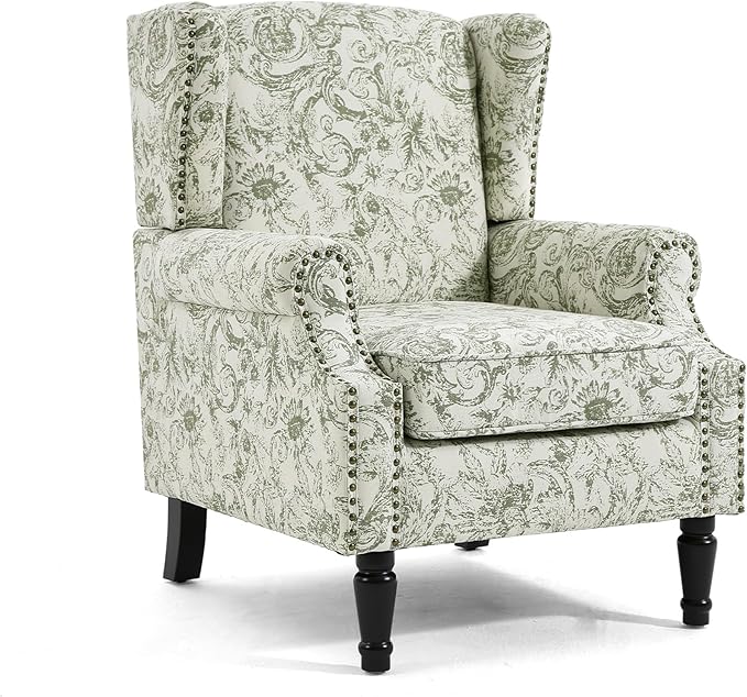 Wingback Accent Chairs Set of 2, High Back Upholstered Armchair, Printed Fabric Wingback Arms Chairs with Wood Legs, Single Sofa Reading Chair for Bedroom Living Room, Green Pattern
