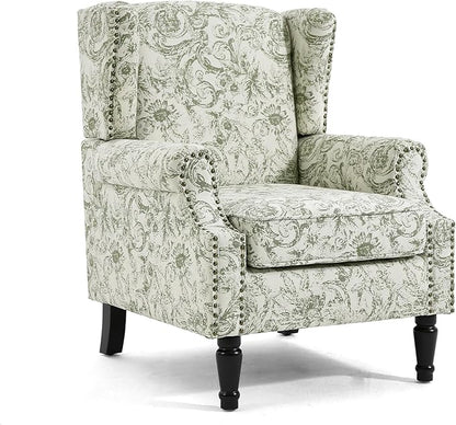 Wingback Accent Chairs Set of 2, High Back Upholstered Armchair, Printed Fabric Wingback Arms Chairs with Wood Legs, Single Sofa Reading Chair for Bedroom Living Room, Green Pattern