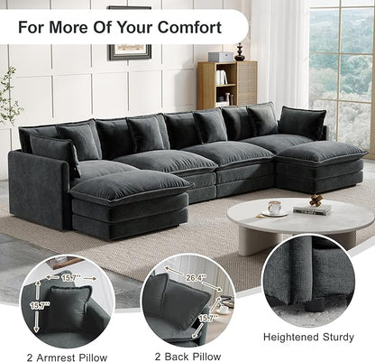 Modular Sectional Sofa, 146.5 Inch U-Shaped Cloud Sofa with Deep Seat Chenille Sofa with Cushions, Four Seater Sectional Sofa for Living Room Apartment,Gray