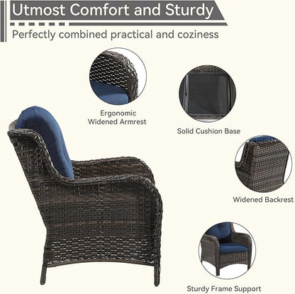 3 Pieces Outdoor Patio Chairs Set - Wicker Patio Conversation Sets with 1 Side Table, Olefin Fabric Cushions Suitable for Backyard Deck and Porch,Blue