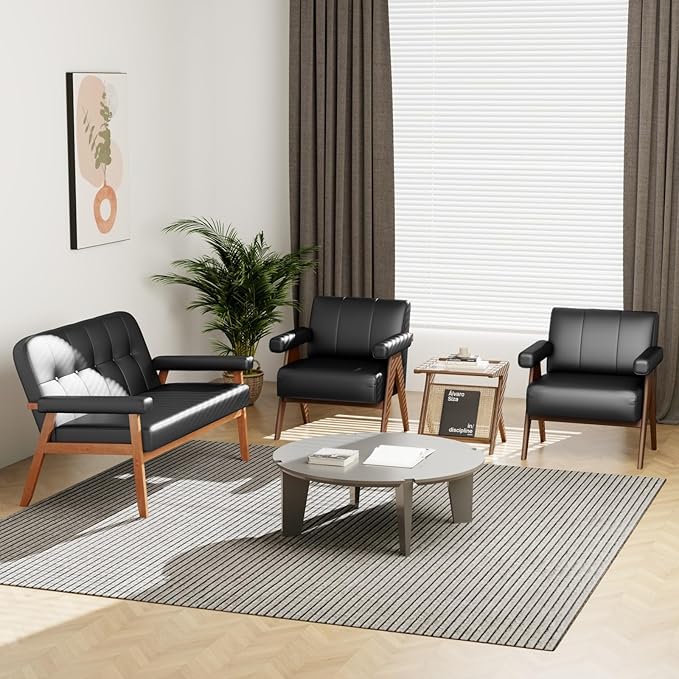 STHOUYN Black Leather Accent Chairs Set of 2, Mid Century Modern Accent Chair, Side Arm Chairs for Living Room, Office Guest Waiting Room Chairs (2, Black)