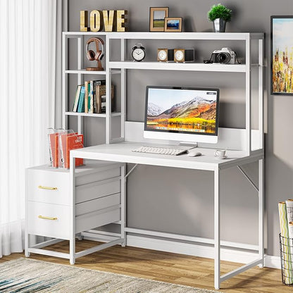 Tribesigns 55 Inch Computer Desk with 2 Drawers and Storage Shelves, Rustic Office Desk with Hutch, Study Writing Gaming Table Laptop Workstation for Home Office (White)