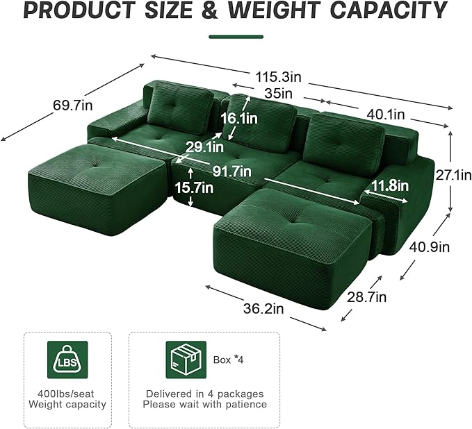 115.3” Green Boneless Couches for Living Room, Modular Sectional Sofa with U-Shape Chaise, 3 Seater Comfy Upholstered Deep Seat Corduroy Fabric Cloud Couch No Assembly, Anti-Slip Design