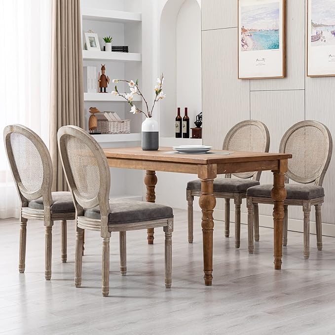 Farmhouse Leather Dining Room Chairs Set of 4 French Dining Chairs with Round Rattan Back French Bistro Chairs for Dining Room/Living Room/Kitchen/Restaurant, Grey