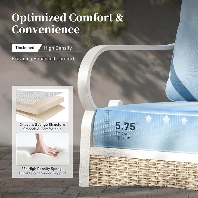 6 Piece Metal Outdoor Patio Furniture Set, Patio Conversation Sets 3-Seater Sofa, 2 Fixed Sofa, 2 Swivel Chair with 5.75" Thick Cushion and Coffee Table White Backyard Furniture, Blue