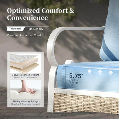 6 Piece Metal Outdoor Patio Furniture Set, Patio Conversation Set 3-Seater Sofa, 2 Fixed Sofa, 2 Rocking Chair with 5.75" Thick Cushion and Coffee Table White Backyard Furniture, Blue