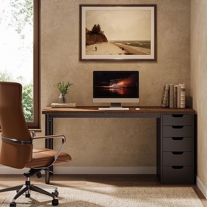 Tribesigns Modern Simple Computer Desk, 47 Inches PC Desk with 5 Reversible Drawers, Rustic Brown Study Writing Table Workstation for Home Office Small Spaces (Brown+Black)