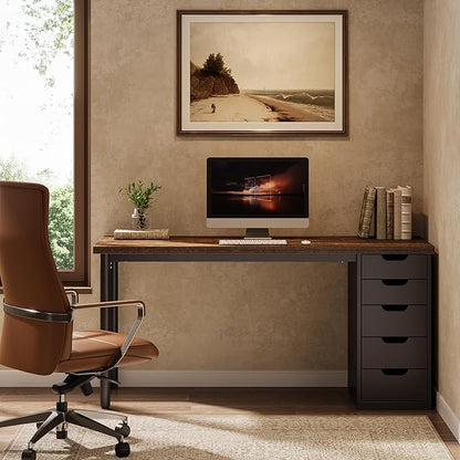 Tribesigns Modern Simple Computer Desk, 47 Inches PC Desk with 5 Reversible Drawers, Rustic Brown Study Writing Table Workstation for Home Office Small Spaces (Brown+Black)