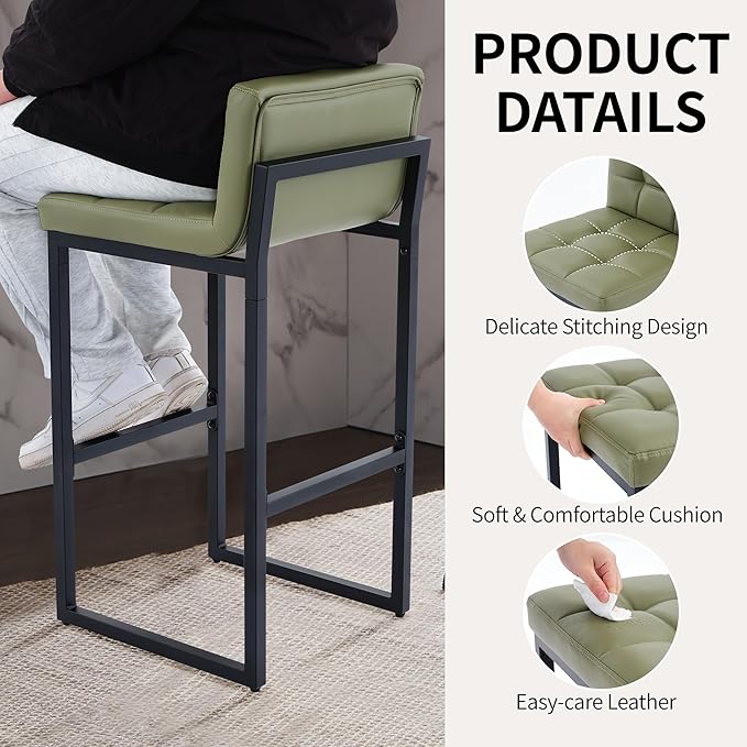 Counter Height Bar Stools Set of 2, Modern Faux Leather Counter Stools with Low Back and Footrest, Upholstered Bar Chairs for Kitchen Island, Bar, Counter (Avocado Green, 2Pcs 26" Bar Stools)