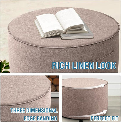 H.VERSAILTEX Round Ottoman Cover Thick Linen Look Ottoman Slipcover Round Ottoman Storage Cover Folding Stool Covers Furniture Protector Cover for Footrest Ottoman Fit Dia 24" - 26", Heather Taupe