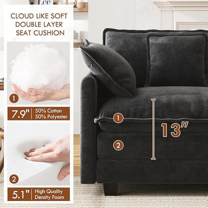 WorthFurni 111.4” Modular Sectional Sofa, U Shape Cloud Couch with 2 Movable Ottoman, Comfy Chenille Deep Seat Sofa with Soft Pillows for Living Room Apartment (Black)