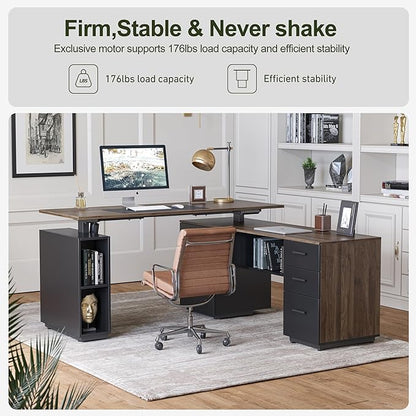 BANTI Executive L Shaped Standing Desk with 3-Drawer File Cabinet, 63" Electric Height Adjustable Stand up Desk for Home Office, Computer Desk with Storage Cabinets, Black Walnut Top