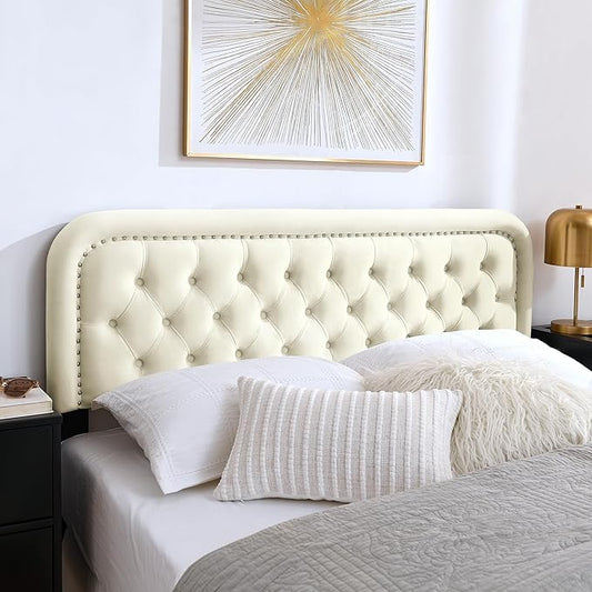 Tufted Upholstered Headboard,Button Solid Wood HeadBoards with Adjustable Height,Modern Performance Velvet Bed Head Boards,Easy Install&Nailhead (Beige, Full)
