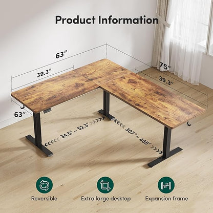 BANTI L-Shaped Standing Desk - 75 x 63 Inch Adjustable Corner Standing Desk with Charging Station - L Shape Sit Stand Table with Memory Controller, Splice Board for Home Office