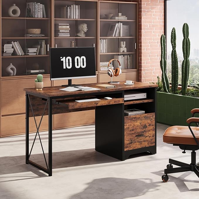 Bestier 47" Computer Desk with Drawers, Home Office Desk with Keyboard Tray, Reversible Industrial Office Desk with Storage Cabinet for Small Space Home Office & Studio, Rustic Brown