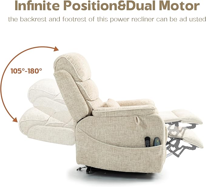 Power Lift Recliners Chairs for Elderly Adults Lay Flat Recliner with Heat & Massage, Wireless Charging Device, USB Ports, Cup Holder, Lumbar Pillow, 400Lbs (Velvet Fibric,Beige)