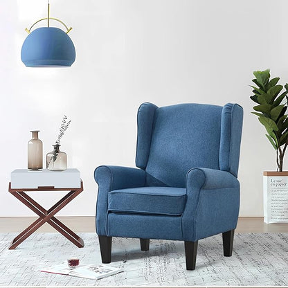 Accent Chairs, Mid Century Blue Bedroom Reading Seats in Fabric, Modern Living Room Single Upholstered Sofa Couch, Elegant High Wingback Arm Chair for Adults, Sillones para Sala
